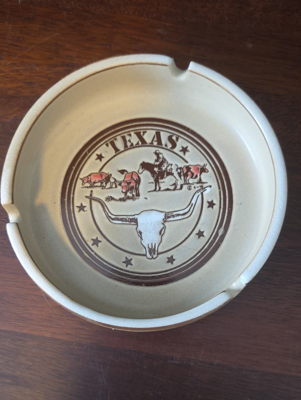 Vintage Texas Longhorn Ceramic Ashtray - Beige and Brown